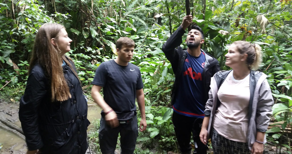 Guía mostrando a los viajeros cómo beber agua de una liana en el bosque del Manu