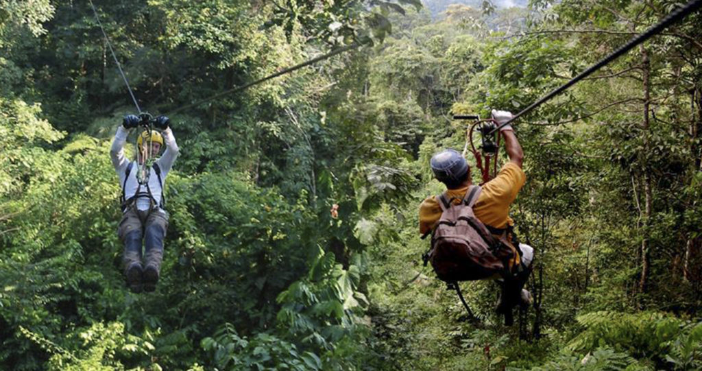 Two people on a canopy zipline above the rainforest