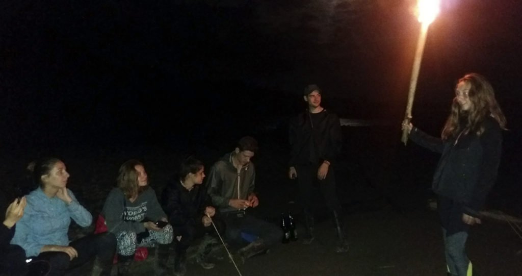 Travelers around a torch on the riverbank at night