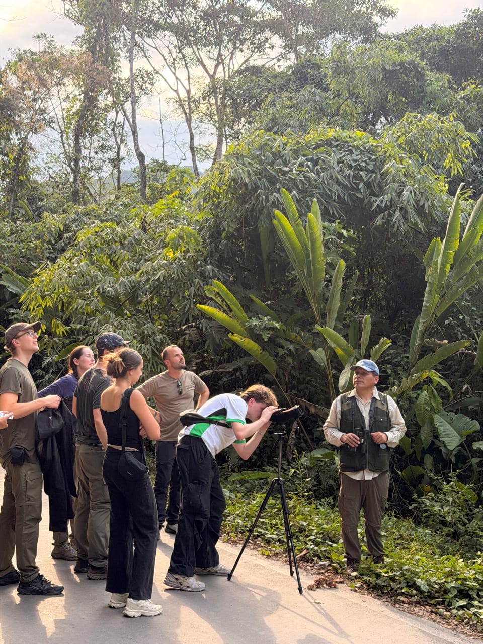 Our guide with a spotting scope and travelers looking for birds on the Manu Road, in the cloud forest