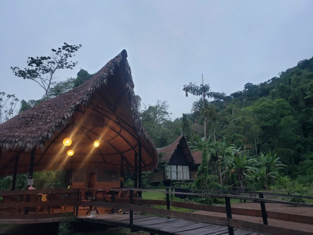 Top Manu Avatar Lodge al atardecer, albergue con techo de palma en la selva del Manu